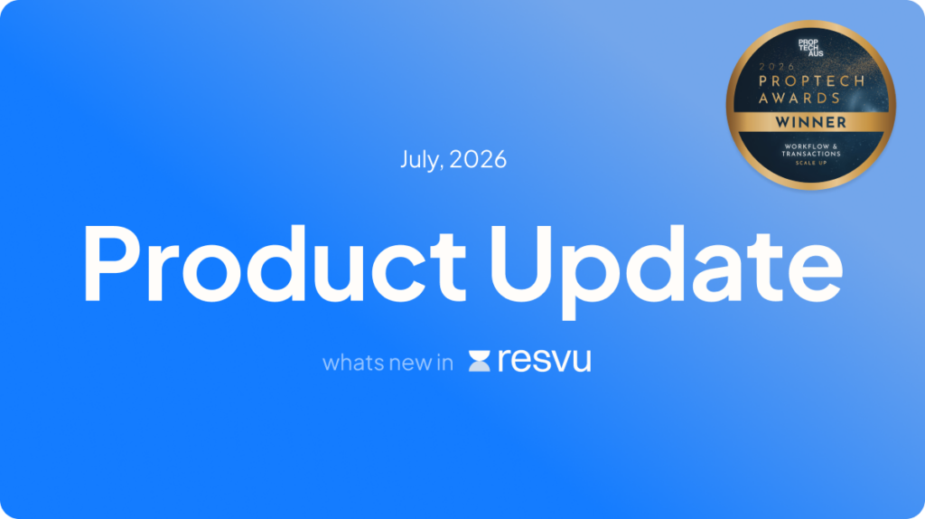 Blue gradient slide with large 'Product Update' text and July, 2026 date; PropTech Awards winner badge in the top-right corner.
