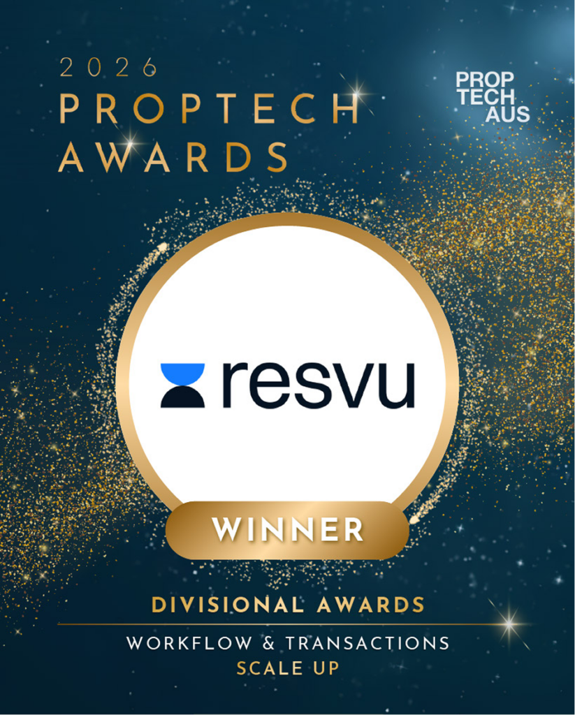 PropTech Awards 2026 winner badge featuring the Resvu logo on a gold circular seal with a 'WINNER' ribbon on a blue, starry background.